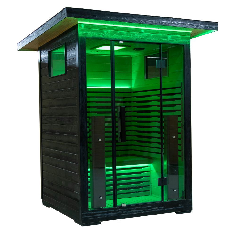 2 person outdoor sauna green side angle