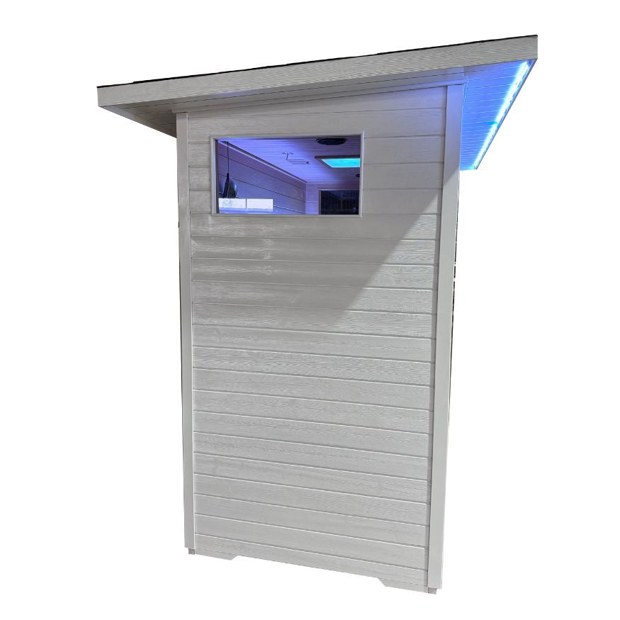 White outdoor sauna Side View